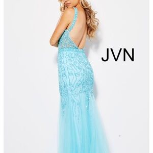 Jovani JVN33695 Aqua Blue Beaded Gown Sz 4 Embellished Bodice